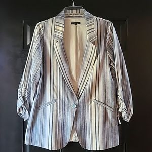 DREW Anthropologie Linen Blend Striped Blazer Jacket Sz M Blue/Wht/Gray NWOT